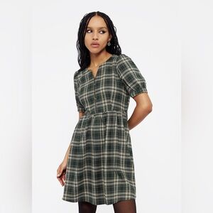 Tulisa Check Button-Up Mini Dress Sz 4 – Puff Sleeves, Alt Shirt Dress